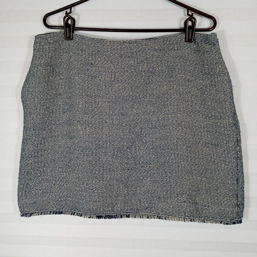 BANANA REPUBLIC Tweed Skirt Navy blue white Sz 14 Frayed edges Metallic threads